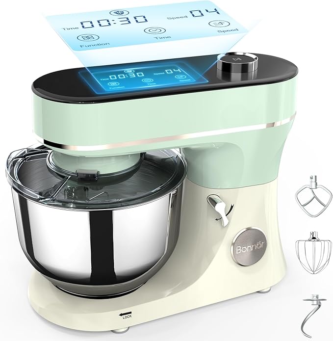 Stand Mixer, 6QT Electric Kitchen Mixer for Baking Cakes & Dough, LED Smart Touchscreen, 11-Speed Tilt-Head & Timer, 4 Presets, Mixer with Bowl, Dough Hook/Whisk/Beater, Green