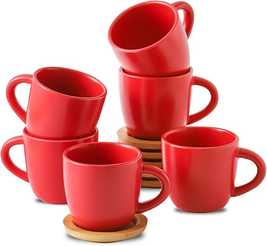 HASENSE Cappuccino Cups with saucers, 6 Ounce Ceramic Coffee Mugs Set of 6 Perfect for Espresso, Specialty Coffee Drinks, Latte, Cafe Mocha and Tea, Red
