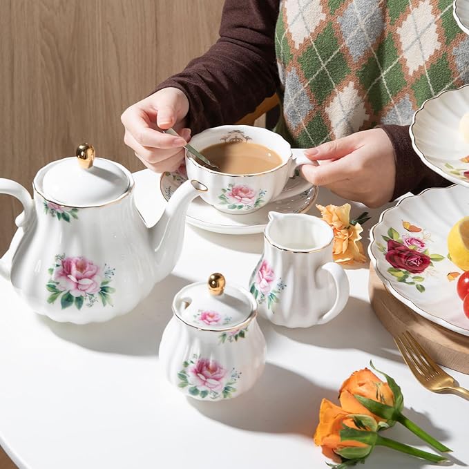 Sweejar Porcelain Tea Sets British Royal Series, 8 OZ Cups & Saucer Service for 6, with Teapot Sugar Bowl Cream Pitcher Teaspoons and Tea Strainer, Suitable for High Tea, Wedding, Party(Blush Pink)