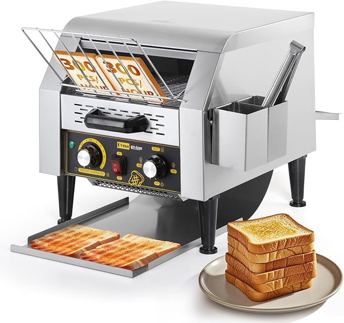 Dyna-Living Commercial Toaster 300 Slices/Hour Conveyor Toaster Commercial 1900W Heavy-duty Stainless Steel Rotating Toasters Oven Restaurant Conveyor Belt Toasters for Bun, Bagel, Bread