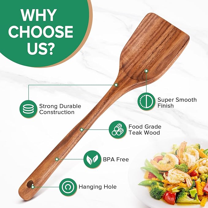 Teak Wood Spatula for Cooking, Wooden Kitchen Cooking Utensil, Large Long Handle Solid Wok Spatula Flipper with Raised Sides for Serving Scooping Frying Mixing Stirring Eggs Beans,Non-Toxic,13.4??1Pk