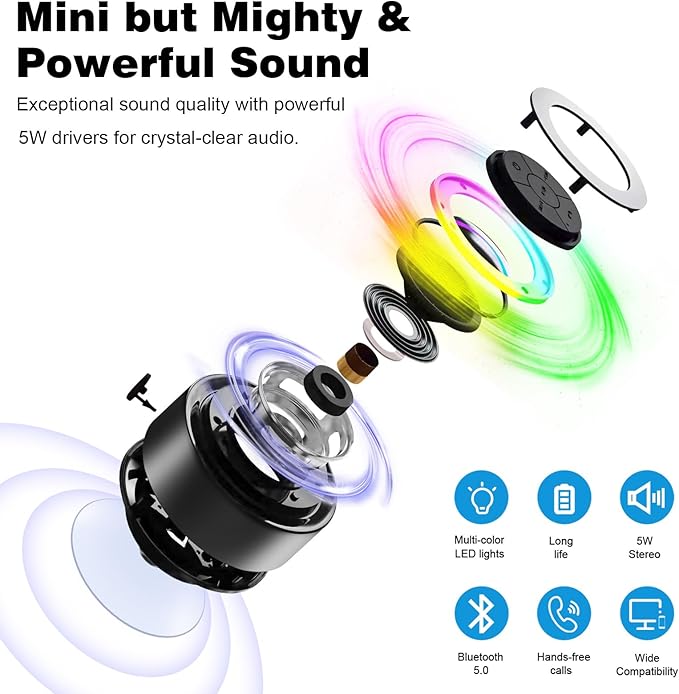 Shower Speaker Bluetooth Waterproof, Mini Portable Wireless Speaker with LED Lights, Suction Cup, Floating,Crystal Sound, for Bathroom Travel Beach Pool, Ideal Electronic Gifts