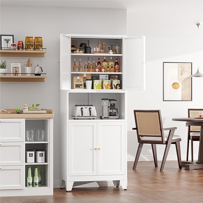 COFaR 69" Tall Modern Kitchen Pantry,Metal Storage Cabinet with Shelves 竊?Glass Doors for Display,Pantry Storage Cabinet,Freestanding Cupboard for Kitchen,Dining Room,Living Room,Bathroom,White