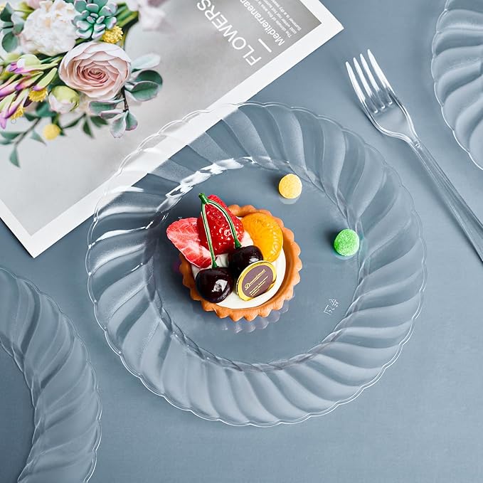 FOCUSLINE 100 Count Clear Plastic Plates 9 Inch, Disposable Heavy Duty Dinner Plates- Premium Hard Plastic Plate Fancy Disposable Clear Plates for Weddings, Parties and Events