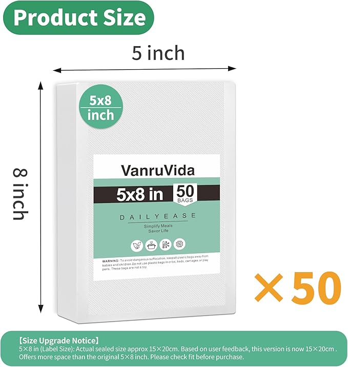 VanruVida Small Pint Size Vacuum Sealer Bags, 50 Count 5??x 8??BPA Free,Commercial Grade Textured Pre-Cut Seal Bags,BPA Free Food Storage Bags for Freezer, Meal Prep, or Sous Vide