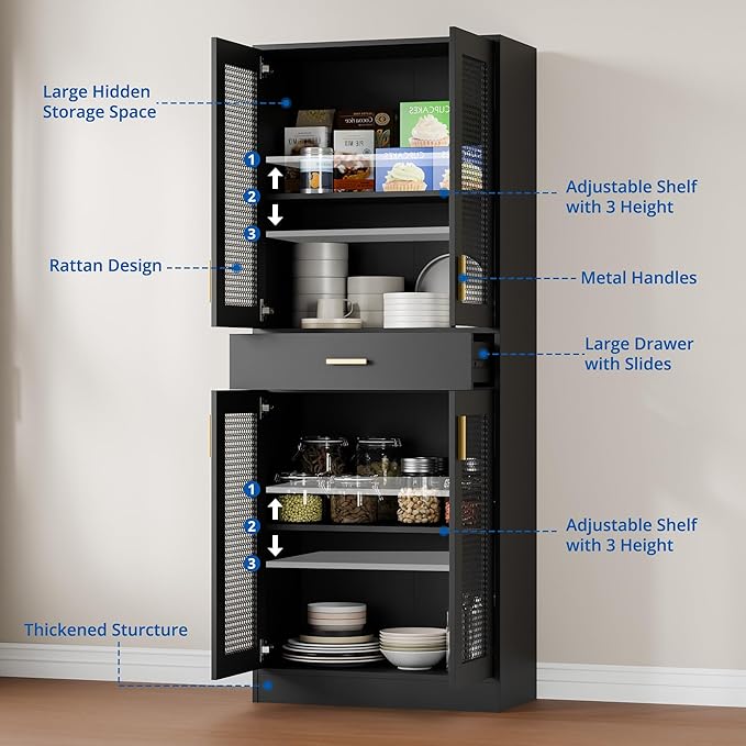 Cozy Castle Kitchen Pantry Cabinet, 71" Tall Rattan Doors Storage Cabinet with Large Drawer and Adjustable Shelves, Freestanding Rattan Pantry Cabinets for Kitchen, Dining Room, Living Room, Black