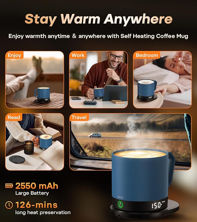 Heated Coffee Mug Rechargeable - Temperature Control Self Heating Coffee Mug 14oz with Lid, Double Sided & Real-Time LED Display, Hot up to 150?? Birthday Gifts for Women and Men(Blue)
