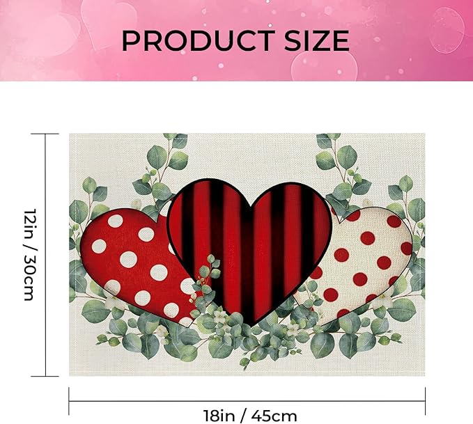 Valentine Placemats Set of 4, 12x18 Inch Eucalyptus Hearts Table Mats, Seasonal Anniversary Holiday Valentines Day Table Decorations for Kitchen Dining Home Party Decor