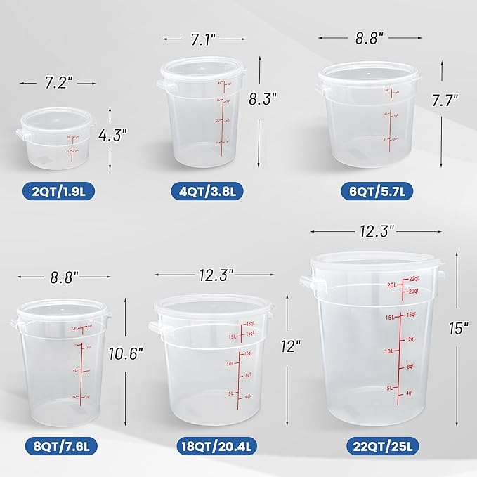 4 Pack 22QT Round Food Storage Containers with Lids, BPA-Free Polypropylene NSF Commercial Food Container, with Labels & Measuring Cup