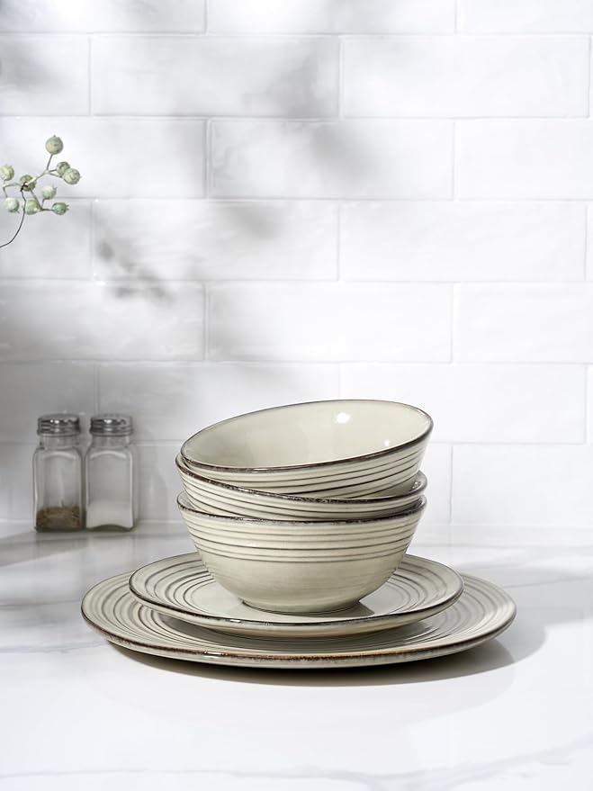 Famiware Plates and Bowls Sets 18-Piece Stoneware Dinnerware Sets, Dishes Set for 6, Hand-made Reactive Glaze Dish Set, Twilight Series, Terre-verte
