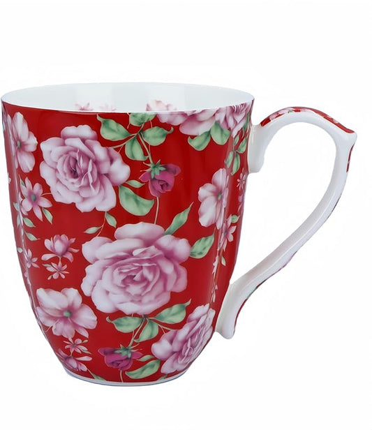 14oz Bone China Coffee Mugs for Women Floral Coffee Mug Tea Cups Novetly Coffee Cups Gift for Women Mom Friends (Bright red rose)
