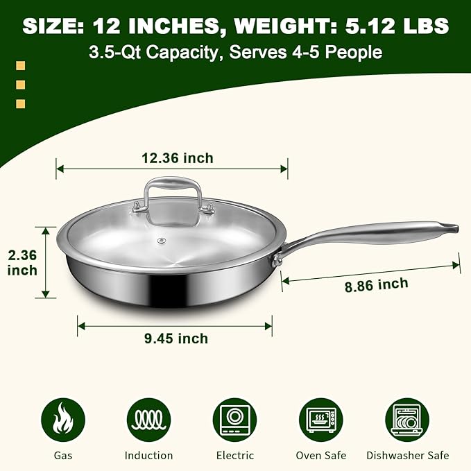 EWFEN 12 Inch Tri-Ply Stainless Steel Frying Pan, Compatible with All Cooktops Up to 600?? Large Frying Pan with lids, Induction-Ready Skillet, Dishwasher and Oven Safe, Fast & Even Heat, Heavy Duty