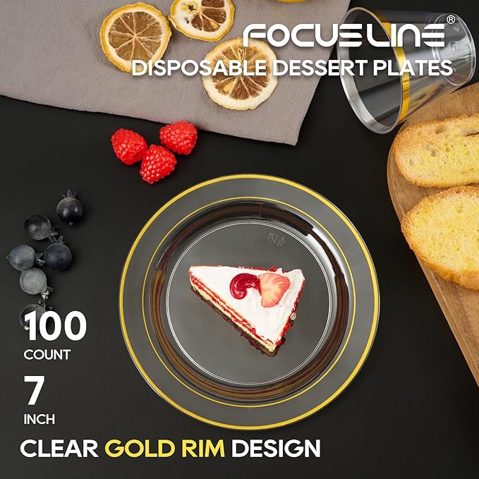 FOCUSLINE 7 Inch Small Clear Gold Plastic Plates 100 Count, Disposable Heavy Duty Clear Plates with Gold Rim, Premium Hard Plastic Plate Fancy Disposable Salad Plate for Wedding Parties