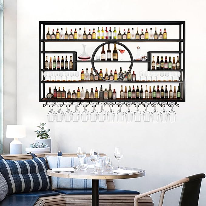 55in Wine Rack Wall Mounted, Large Capacity Hanging Wine Bottles Display Shelf with Glasses Holder, 4 Tier Industrial Bar Liquor Storage Shelves for Home Bar Kitchen,Living Room (Black, 140cm)