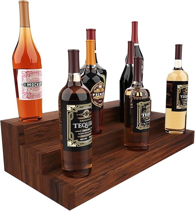 Liquor Bottle Stand - 24 Inch 3 Tier Liquor Bar Bottle Display Shelf, Holds 18 Bottles, Real Wood, No Installation Required (Dark Walnut)