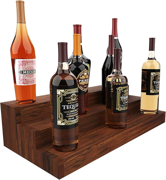 Liquor Bottle Stand - 24 Inch 3 Tier Liquor Bar Bottle Display Shelf, Holds 18 Bottles, Real Wood, No Installation Required (Dark Walnut)