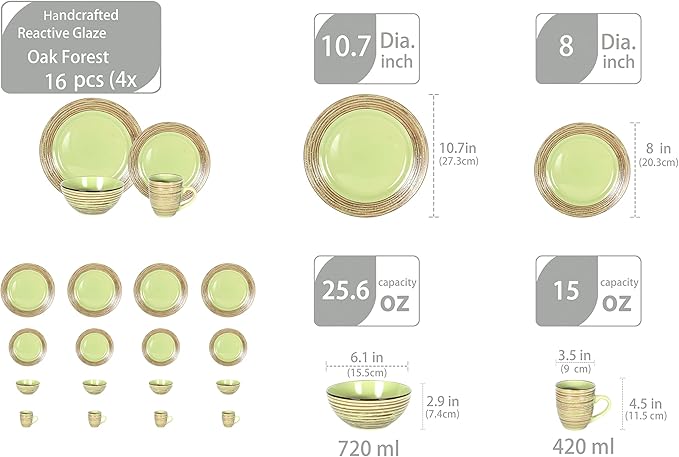 16 Piece Dinnerware Set, Ceramic Plates and Bowls Sets for 4, Microwave and Dishwasher Safe, Handcrafted Tree Bark Series Dish Set, Oak Forest/Dark Green