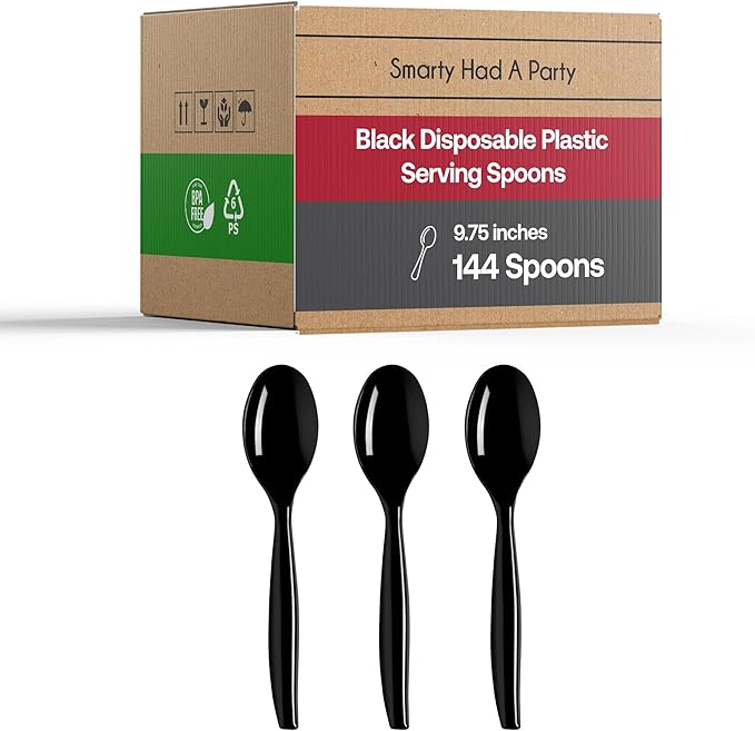 Smarty Had A Party 144 Black Disposable Plastic Serving Spoons Serving Utensils for Parties Black Plastic Spoons for Buffets