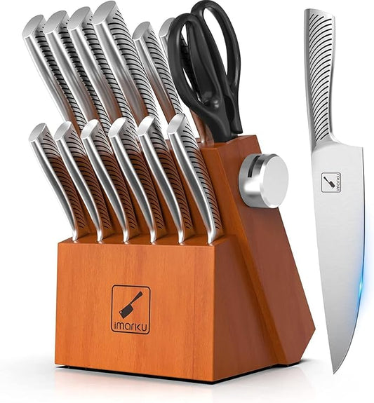 imarku Kitchen Knife Set, 14 Piece Premium Knife Block Set, Dishwasher Safe Knives Set for Kitchen, Razor Sharp Japanese Knife Set with Built-in Sharpener, Ergonomic Handle, Brown