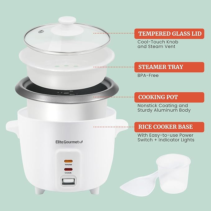 Elite Gourmet ERC-006NSTX Electric Rice Cooker with Non-Stick Inner Pot Makes Soups, Stews, Grains, Cereals, Keep Warm Feature, 6 Cups Cooked (3 Cups Uncooked), White