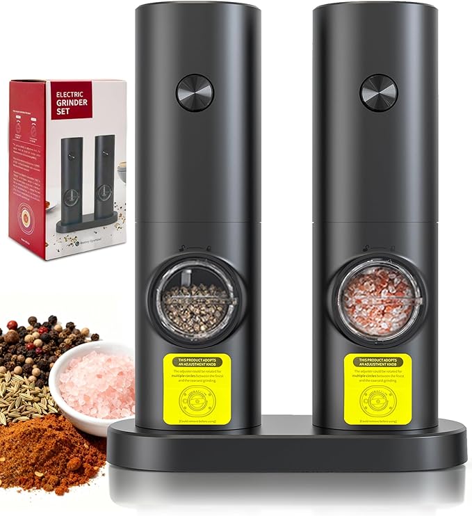 Electric Salt and Pepper Grinder Set, Upgraded Automatic Battery Pepper Mill Shakers with Adjustable Coarseness & LED, Home and Kitchen Appliances for Cooking, Housewarming Gifts 2 Pack