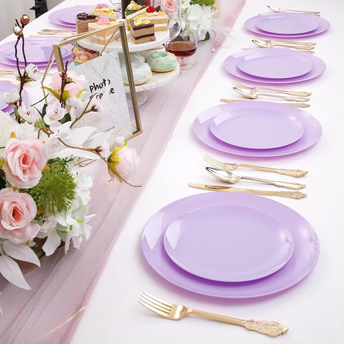 KIRE 60PCS Purple Plastic Plates Disposable - Heavy Duty Purple Plates Include 30Pcs 10.25??Dinner and 30Pcs 7.5??for Dessert/Salad - for Wedding/Bridal Shower