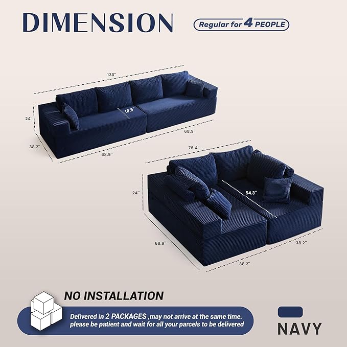138" Modular Sofa Memory Foam Sectional Couches for Living Room, Sleeper Sofa Bed, Corduroy, Blue