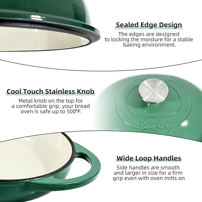 Davivy 6QT Oval Dutch Oven for Sourdough with Lid, Cast Iron Bread Oven Bread Pan with Silicone Baking Mat, Cast Iron Bread Pan Sourdough Bread Cloche Dutch Oven- Forest Green