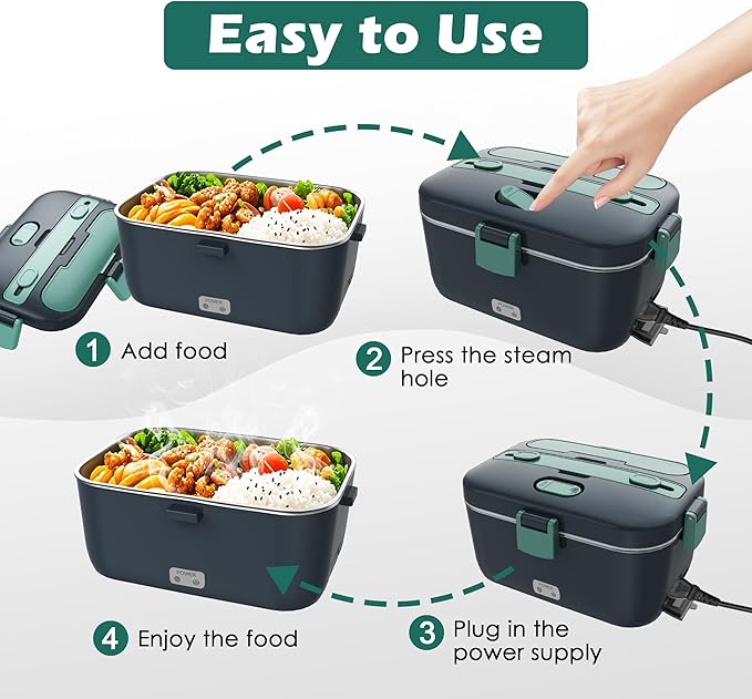 COZYEXPERT Electric-Lunch-Box-Heated-Food-Warmer 100W Heating Lunchbox for Adults 1.8L Portable Food Heater for Work/Car, 12V/24V/110-230V Lonchera El챕ctrica Port찼til with Fork Spoon (Gray+Green)