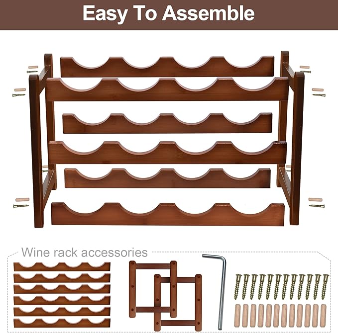 Wine Rack, 12 Bottles 3-Tier Free Standing Wine Racks, Wine Rack Countertop Holder Storage Shelf for Kitchen Cabinet Dining Room Bar (Brown)