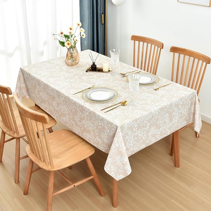 LOHASCASA Heavy Duty Vinyl Oilcloth Tablecloth PVC Waterproof Plastic Wipeable Spillproof Peva Tablecloth for Spring Outdoor Camping Picnic Rectangular 54x78 Inch Tan Flower