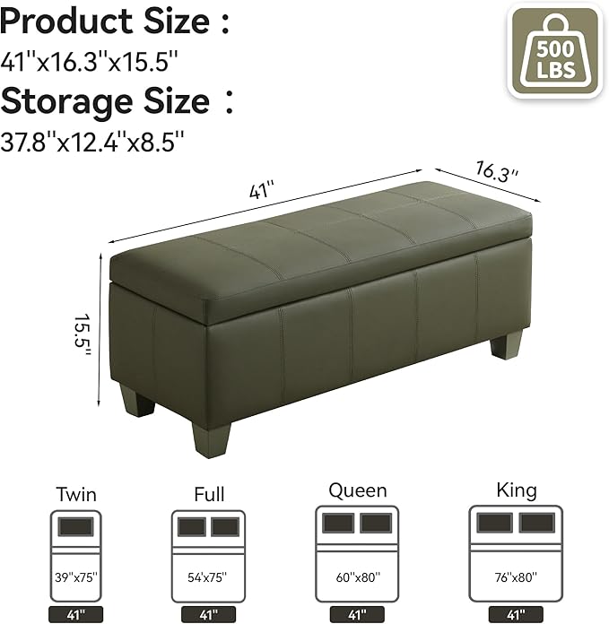 WUTUTUEE 41" Faux Leather Storage Ottoman, Stitch Tufted Rectangle Upholstered End of Bed Storage Bench, Entryway Large Couch Ottoman with Wooden Legs,Green