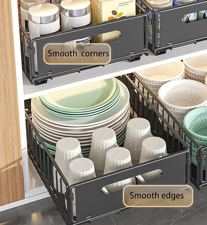Pull Out Cabinet Organizer Slide Out Drawer Storage Shelves Cupboard Organiser Sliding Cabinet Basket for Kitchen No Drilling and Nailing (Black, 1Piece 9.8" W X15 D X 7.5" H)