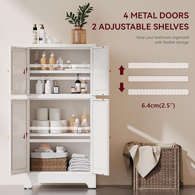 43" H Metal White Pantry Cabinets with Doors,Small Kitchen Pantry Cabinet,Small Storage Cabinets,Food Pantry Cabinet with 4 Doors and Shelves for Kitchen and Dining Room