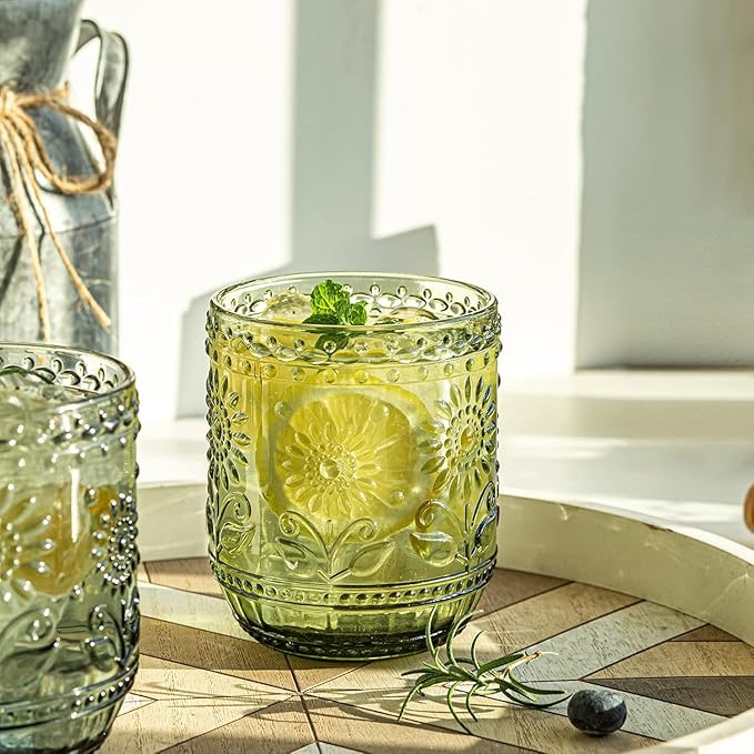 Luminthra Elegant Vintage Crystal Glassware Set, Embossed Floral Drinkware, 12oz Green and Multi-Color Glass Cups for Wine, Cocktails, and Beverages (Green)