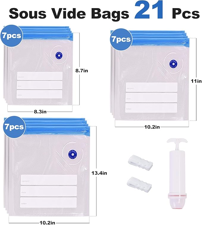 Sous Vide Bags 21 Pcs 3Size Vacuum Zipper Sealer Bag for Food, Reusable Vacuum Seal Bags with Hand Pump&Sealing Clips for Sous Vide Cooking,Freezer Safe,Microwave Heating and Food Storage