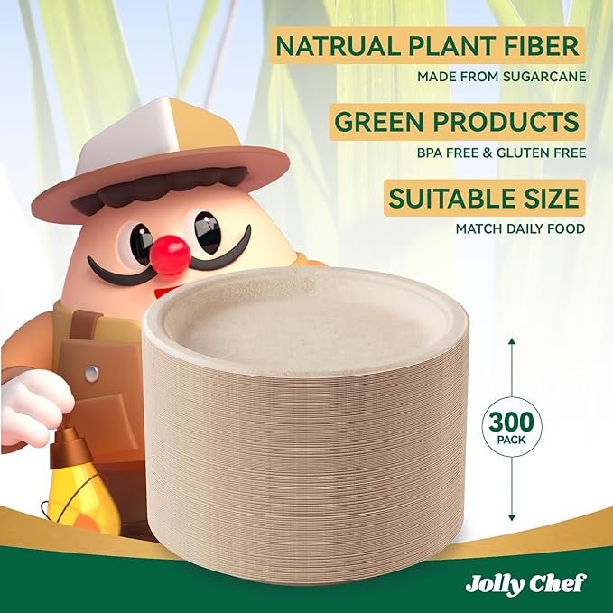 JOLLY CHEF Compostable Heavy Duty Plates ?윮?윭 ?뿙?뿻?뿰?뿵 [?윲?윭?윭 ?뿣?뿮?뿰?뿸] Eco-Friendly Disposable Paper Plates Made of Bagasse Biodegradable Bulk for Party Dinner Sugarcane Thanksgiving Day (Natural)