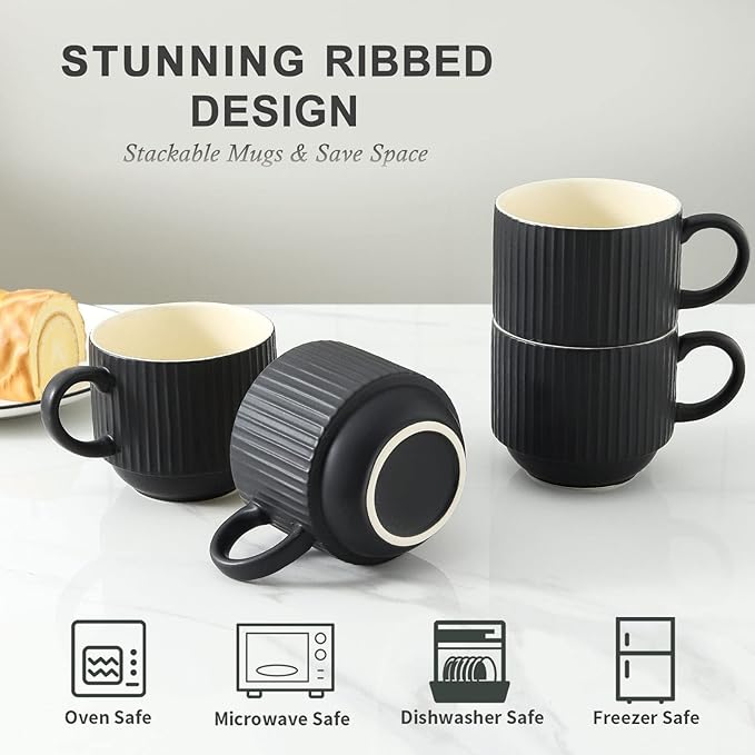 HASENSE Coffee Mug Ceramic Set of 4 with Stand - 15 oz Stackable Large Porcelain Ribbed Latte Cup Set for Cappuccino, Tea, Hot Cocoa, Drinks - Dishwasher & Microwave Safe, Black