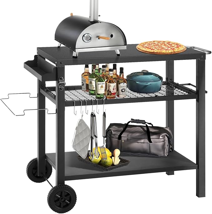 Kendane Grill Cart Table with Three Shelf, Movable Outdoor Dining Cart Pizza Oven Stand with Three Hooks, Kitchen Cart Island Multifunction Food Prep Table (Black)