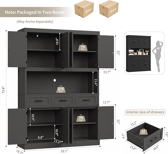 HITHOS 76" Tall Kitchen Pantry Storage Cabinet, 55??Wide Kitchen Hutch Cabinet with Storage Drawers, Large Food Pantry with Microwave Stand, Modern Cupboard with Hutch for Dining Living Room, Black