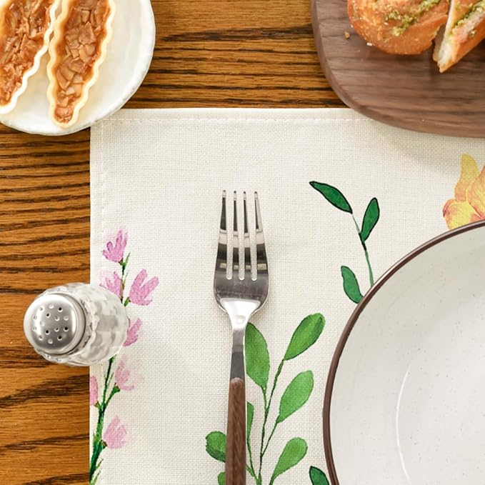 Artoid Mode Daisy Eucalyptus Lavender Floral Leaves Spring Placemats Set of 4,12x18 Inch Seasonal Table Mats for Party Kitchen Dining Decoration