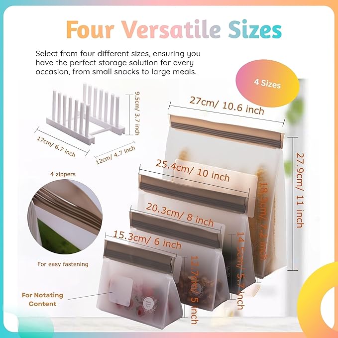 Reusable Food Storage Bags 8-Pack ??BPA-Free Freezer & Dishwasher Safe, Leakproof Stand-Up Snack Bags 2 Gl + 2 L, 4 M??Eco-Friendly Airtight Ziplock Bags for Kitchen & Travel(Grey)