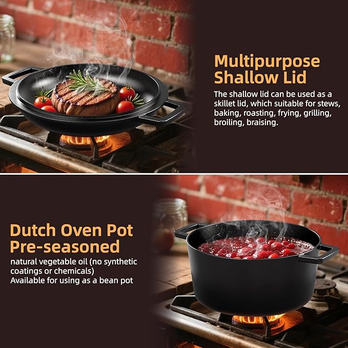 2-in-1 Pre-Seasoned Cast Iron Double Dutch Oven Pot with Skillet Lid & Silicone Sleeves ??Raised Rib Skillet Lid??Umite Chef 7QT Cast Iron Skillet Cookware Pan Set wirh Dual Handles ??Oven, Grill, Campfire & Stovetop Safe ?밣FAS-Free