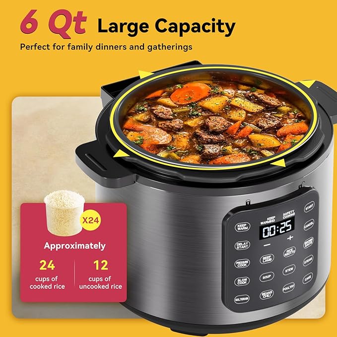 Electric Pressure Cooker 6 Quart Silver, Non-stick Pot, 9-in-1 Instant Pot, 12 Preset Functions with Touchscreen, Safe Steam Release, Stew, Slow Cook, Rice, Saut챕, Warmer