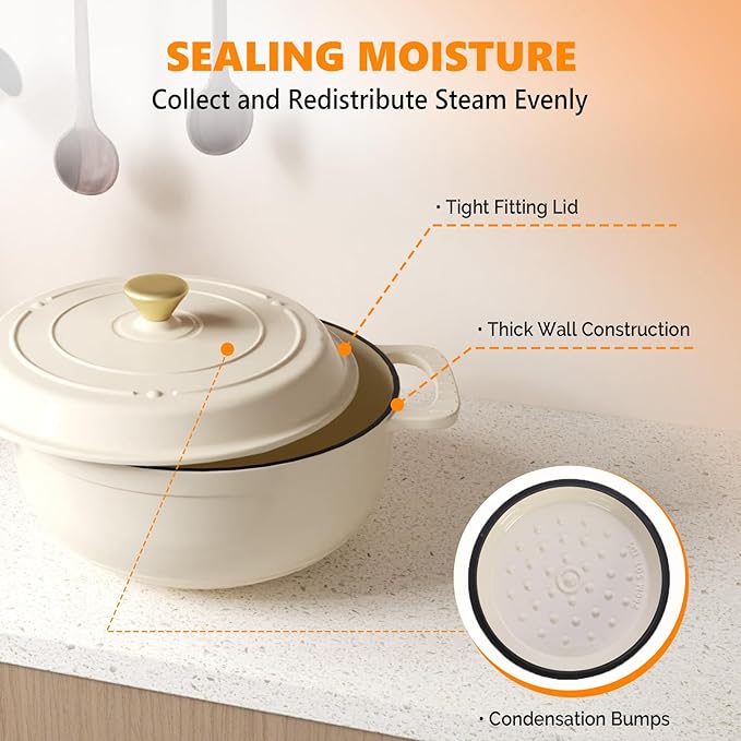 Bonnlo 6QT Round Dutch Oven, Enameled Cast Iron Dutch Oven Pot with Lid & Dual Handles, Oven Safe Up to 500째 F, for Sourdough, Bread Baking, Stews and Roasting, White