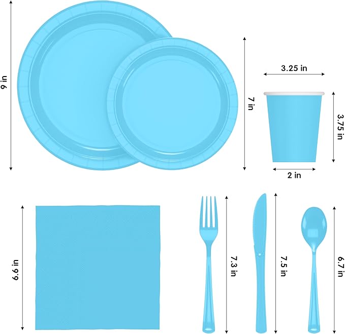 Exquisite 350 Pcs Light Blue Paper Plates For Party, Light Blue Disposable Plates Set, 50 Of Each 9" Dinner Plate Set, 7" Dessert Plate, Cups, Napkins & Cutlery Paper Dinnerware