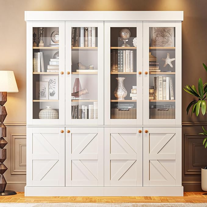 71" Tall Kitchen Pantry Cabinet, Rustic Farmhouse Storage Hutch with Glass Doors & Adjustable Shelves, Freestanding Wood Buffet Cabinet for Dining Room, Living Room, White