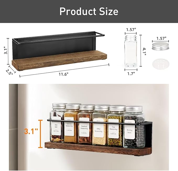 Magnetic Spice Rack with 24 Jars, 216 Labels, 1 Steel Funnel for Refrigerator竊똌icrowave Oven - Full Set of Spice Organizer