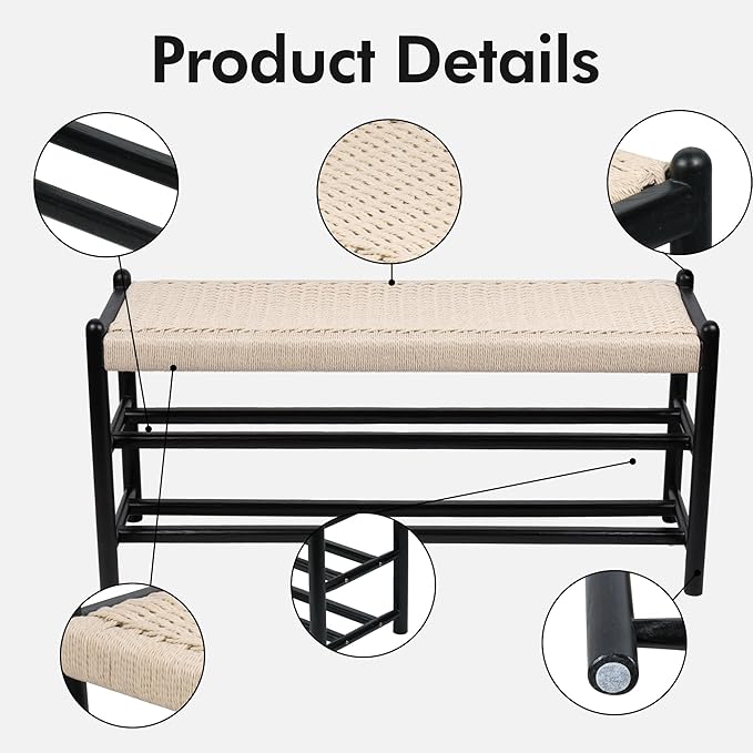XINNAN Solid Wood Entryway Bench with Shoe Storage, Rustic Oak Wood and Woven Design 39.4 Inch Long Seating for Living and Dining Rooms, 3-Tier Black