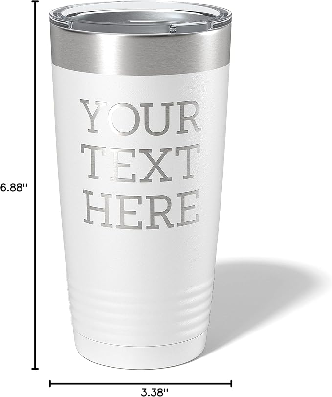 Personalized 20oz (17 Colors) Powder Coated Insulated Stainless Steel Tumbler with Lid, Custom Etched, Customized Text Message Name, Engraved Gift Idea Women Men Him Her, Your Text Here (White)